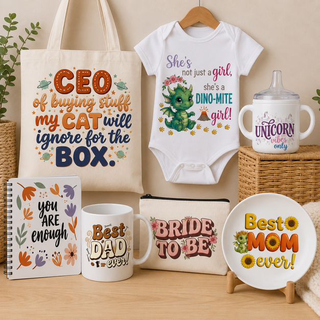 Sublimation product designs across mugs, totes, baby grows and more